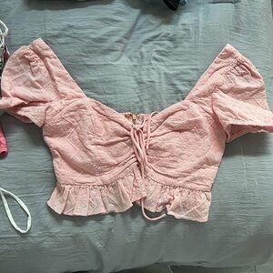 Pink cropped puff sleeve top with lace size small